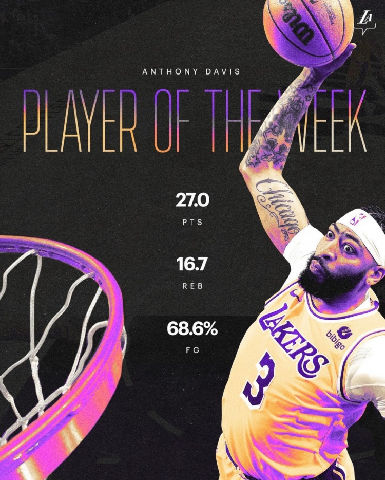 湖人之光！戴维斯获周最佳：本季首次&湖人时代第5次